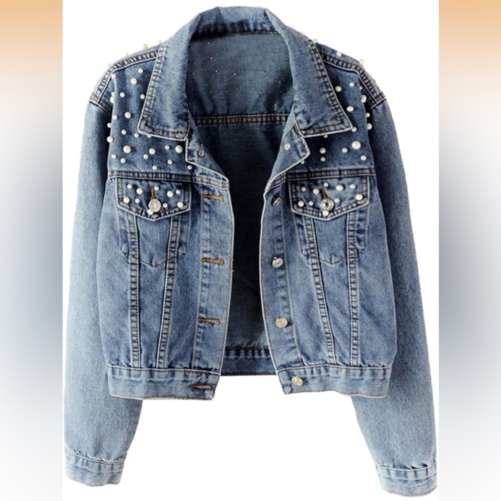 Embroidered Pearls Beading Denim Jacket